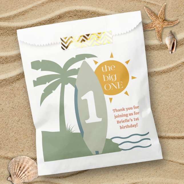 "The big ONE" Surfboard Ocean First Birthday Party Favor Bag (the big one Green surfboard first birthday party favor bag surfing theme ocean beach theme 1st bday)