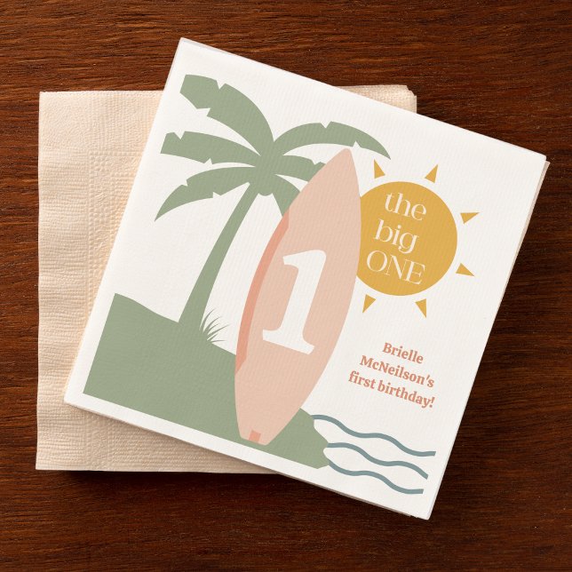"The big ONE" surfboard ocean first birthday party Napkins ("the big one" pink girls 1st bday surfing first birthday surfboard party napkin party supplies)