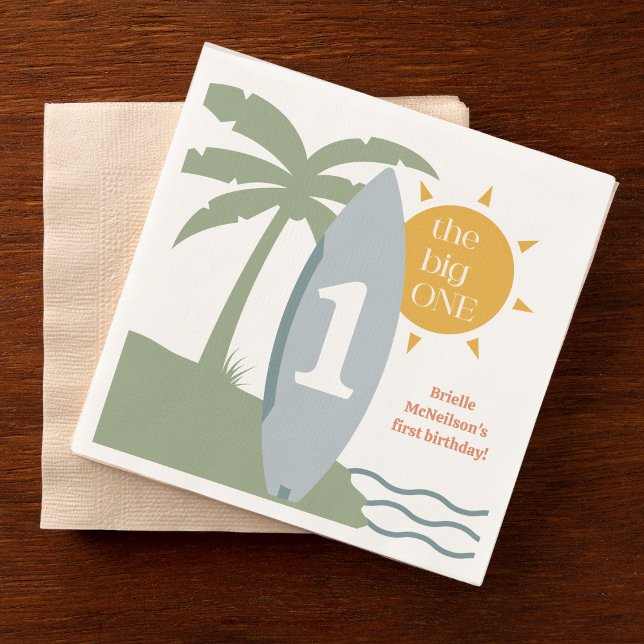 "The big ONE" surfboard ocean first birthday party Napkins ("the big one" blue surfboard first birthday party napkin surfing theme ocean beach theme 1st bday)