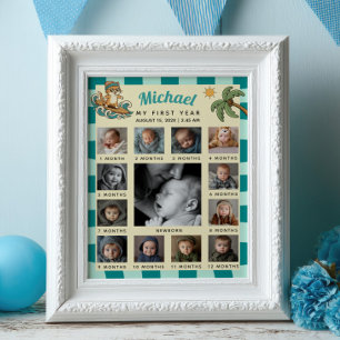 The Big One Surfer 1st Birthday Photo Timeline Poster