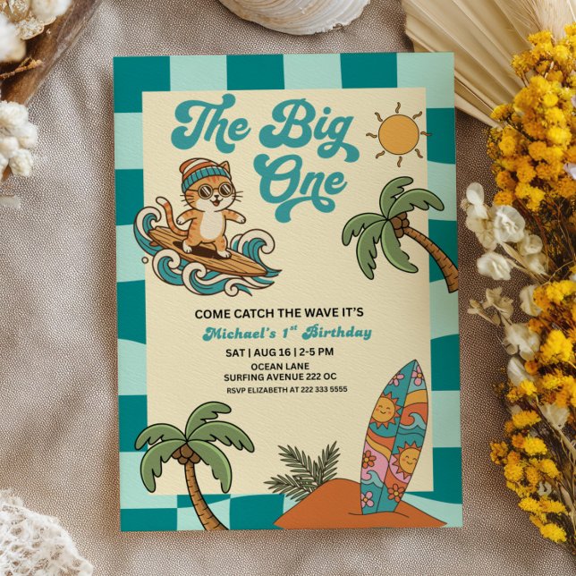 The Big One Surfer Cat Checkered 1st Birthday Invitation (Creator Uploaded)