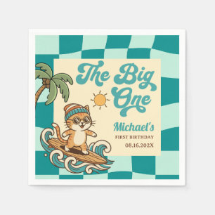 The Big One Surfer Cat Retro Summer 1st Birthday  Napkins