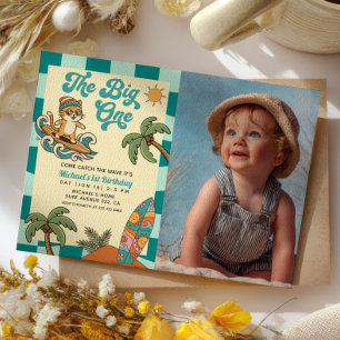 The Big One Surfer Retro 1st Birthday Photo Invitation