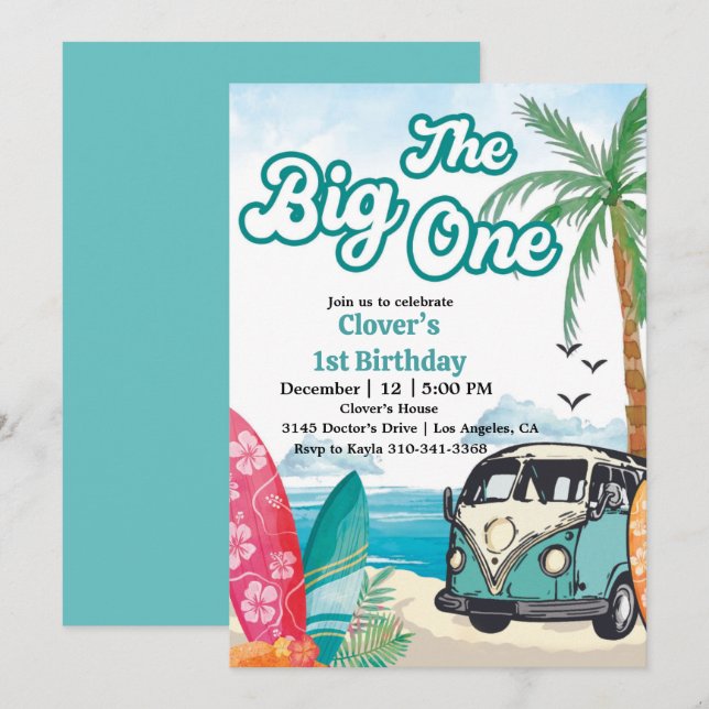 The Big One Surfing 1st Birthday Invitation (Front/Back)