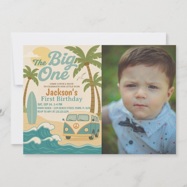The Big One Surfing 1st Birthday Invite for Boys (Front)