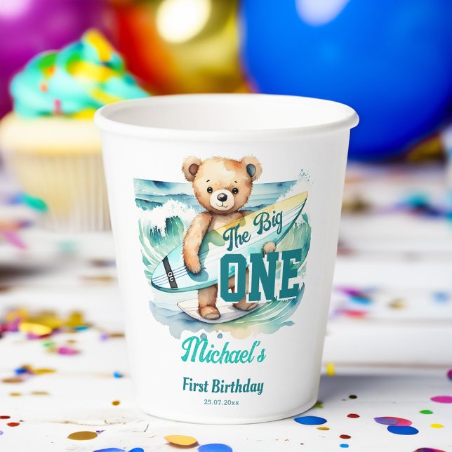 The big one surfing birthday party tableware paper cups (The big one surfing birthday party tableware personalized paper cups cute teddy with a surfboard)