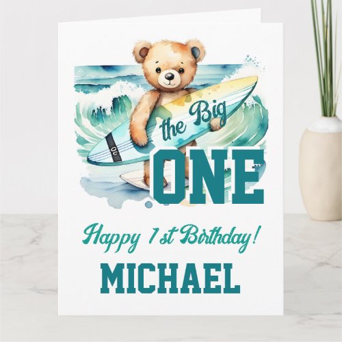 The big one surfing birthday party teddy surfboard card