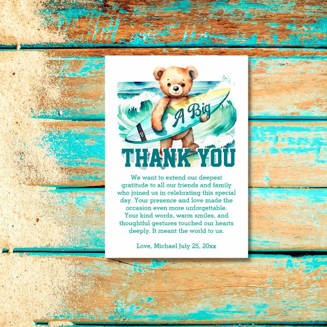 The big one surfing birthday party teddy surfboard thank you card (Surfing beach ocean birthday thank you cards cute teddy bear with a surfboard ocean waves)