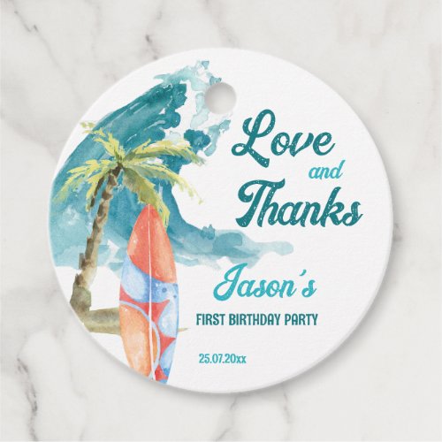 The big one surfing retro beach party thank you favor tags