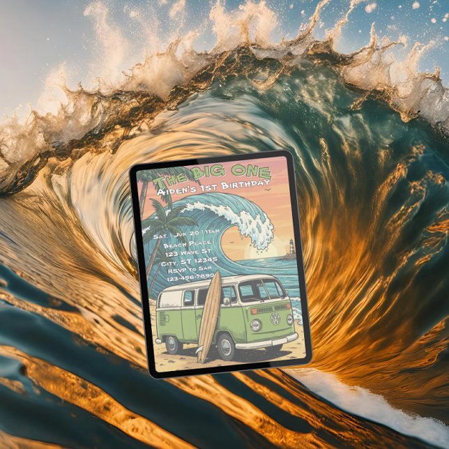 The Big One, Surfing Wave 1st Birthday Invitation (Creator Uploaded)