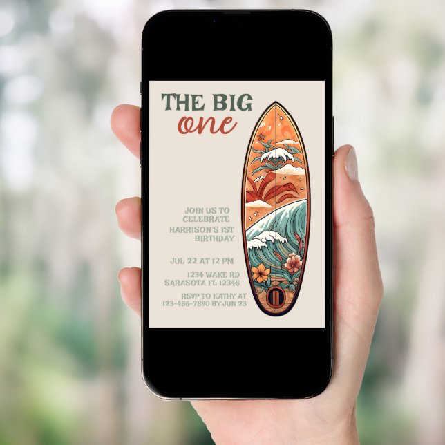 The Big One Tropical Hawaiian Surf Birthday Invitation (Front Digital)