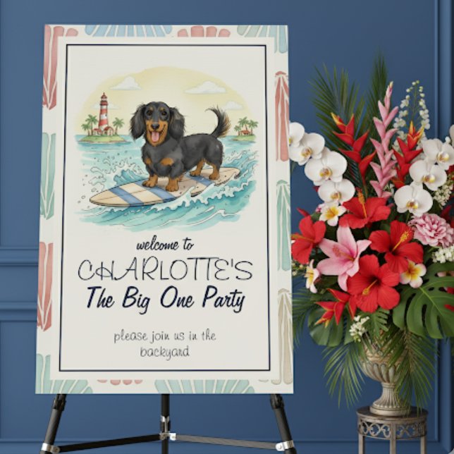 The Big One Tropical Surf Dachshund Birthday  Foam Board (Celebrate your little one’s special day with this Tropical The Big One Surf Dachshund Birthday!)