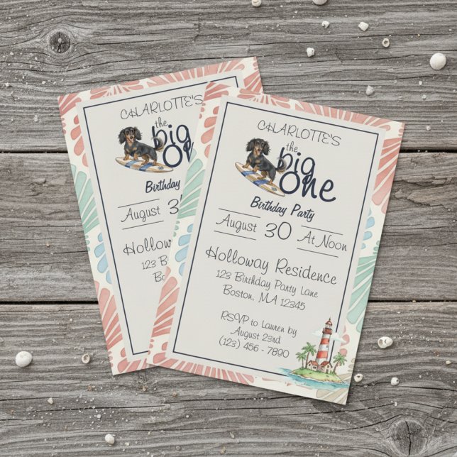 The Big One Tropical Surf Dachshund Birthday Invitation (Celebrate your little one’s special day with this Tropical The Big One Surf Dachshund Birthday!)