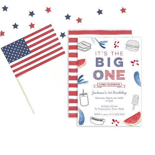 The Big One USA Flag 1st Birthday Party Unisex Invitation