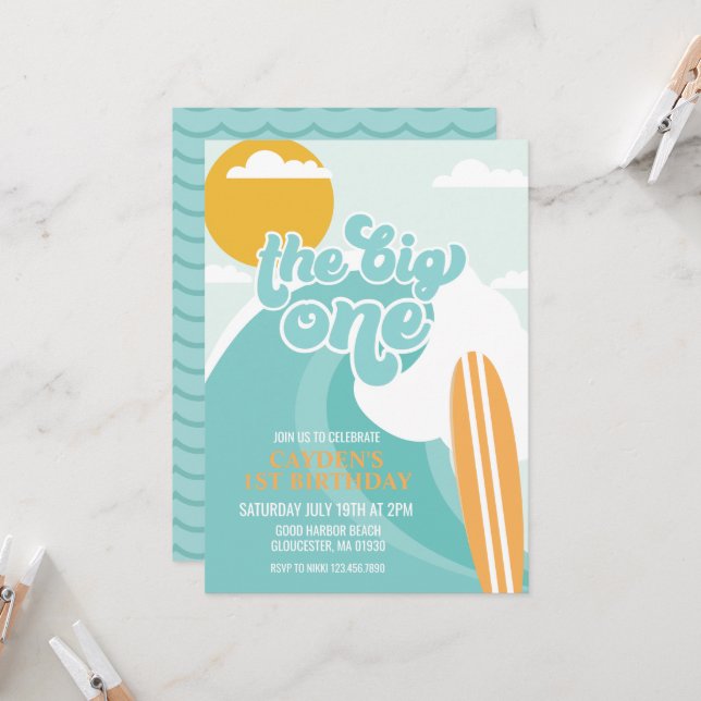 The Big One Wave Beach Birthday Invitation (Front/Back In Situ)
