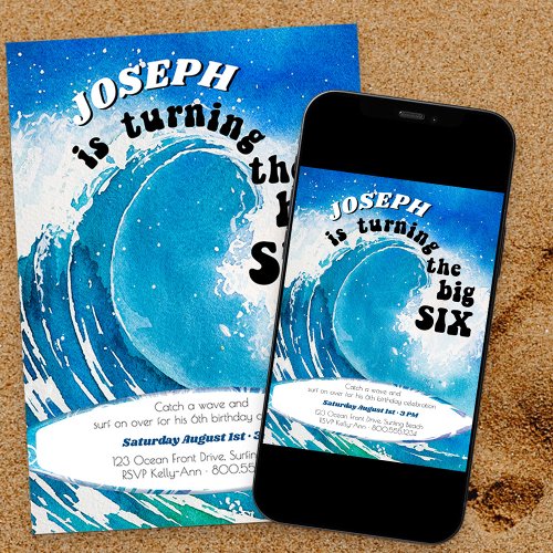 The Big Six Ocean Surfing Wave 6th Birthday Invitation