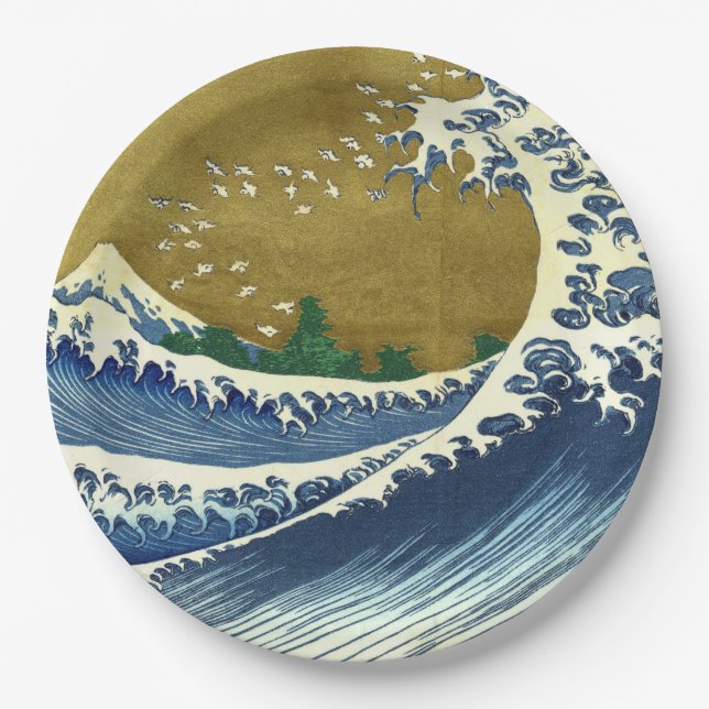 The Big Wave (Blue and Gold Japanese Art, Hokusai) Paper Plates (Front)