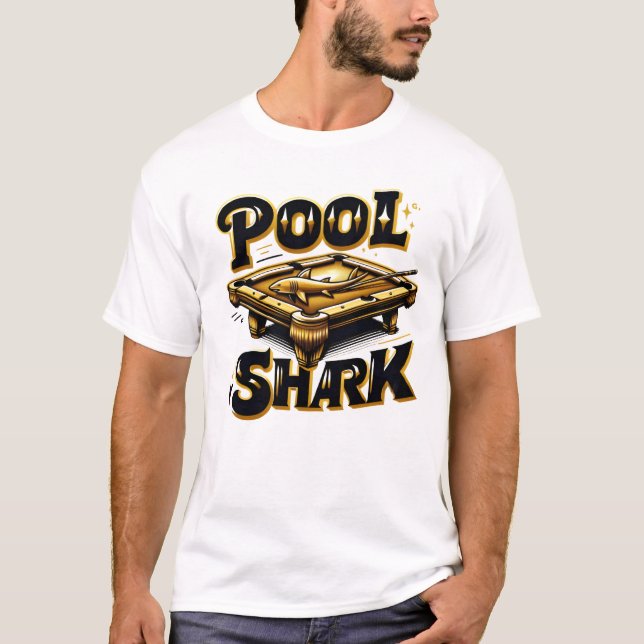 The Billiard Baron: Pool Shark Logo on Pool Table T-Shirt (Front)