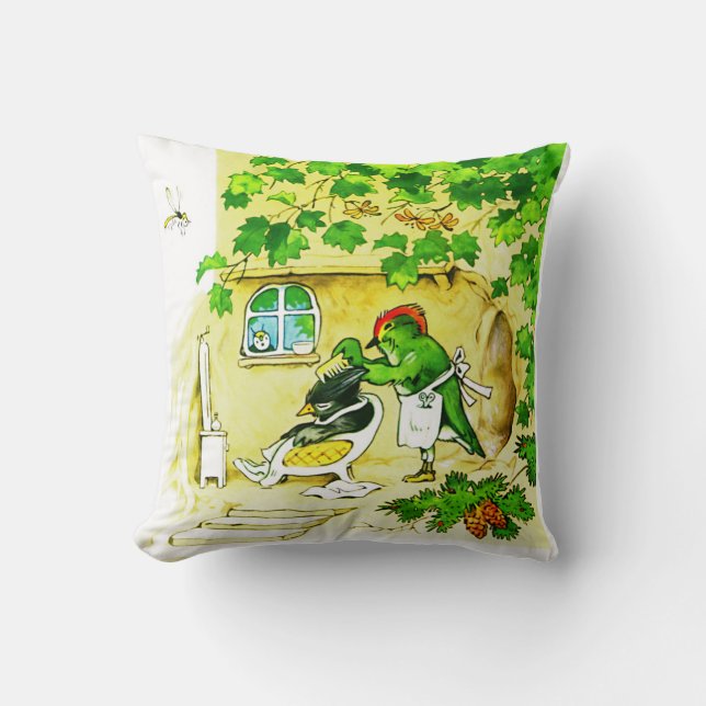 The Bird Barber Throw Pillow (Front)