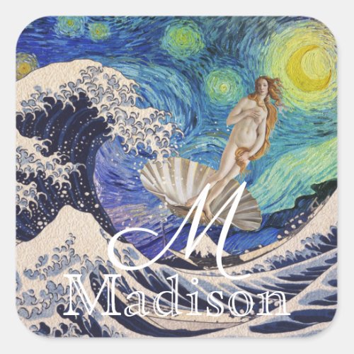 The Birth of Venus at The Great Wave Square Sticker