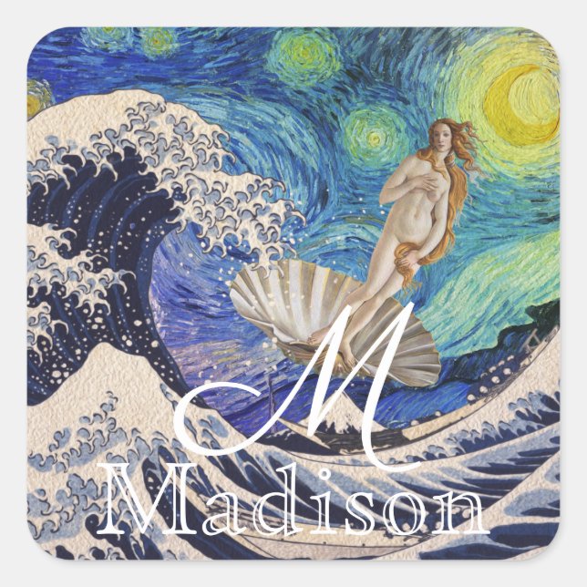 The Birth of Venus at The Great Wave Square Sticker (Front)