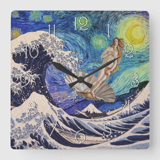 The Birth of Venus at The Great Wave Square Wall Clock (Front)