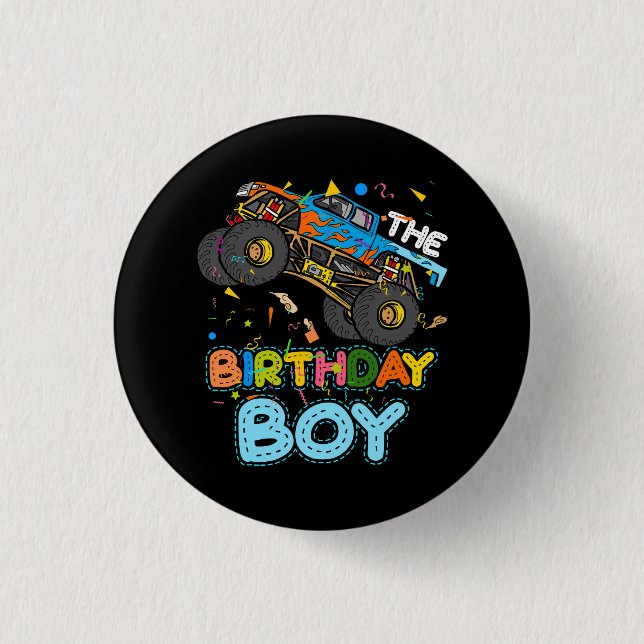 The Birthday Boy Monster Trucks Family Matching Pa Button (Front)