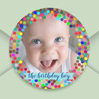 The Birthday Boy Rainbow Sprinkles Frame Classic Round Sticker by funnycutemonsters at Zazzle