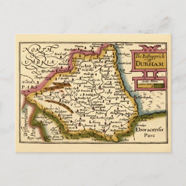 The Bishopprick of Durham County England Old Map Postcard (Front)