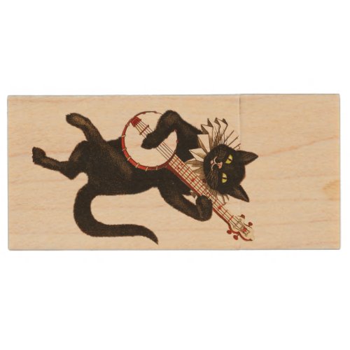 The black Banjo playing Cat Wood Flash Drive