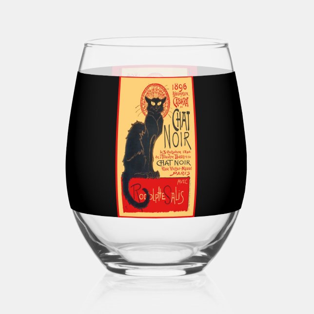 The Black Cat, Le Chat Noir, Art Stemless Wine Glass (Front)