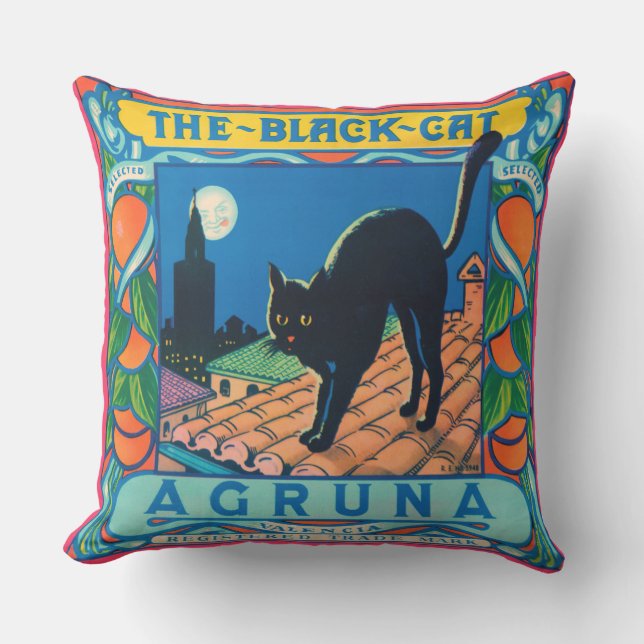 THE BLACK CAT vintage label Throw Cushion (Front)