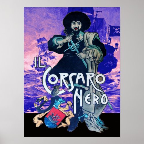 THE BLACK CORSAIR Pirate Ship Battle In Blue Pink Poster