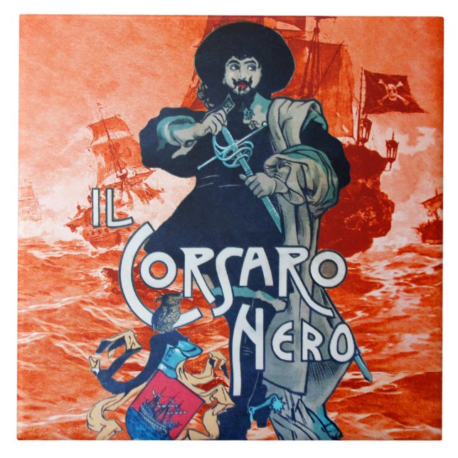 THE BLACK CORSAIR /Pirate Ship Battle In Red Ceramic Tile (Front)