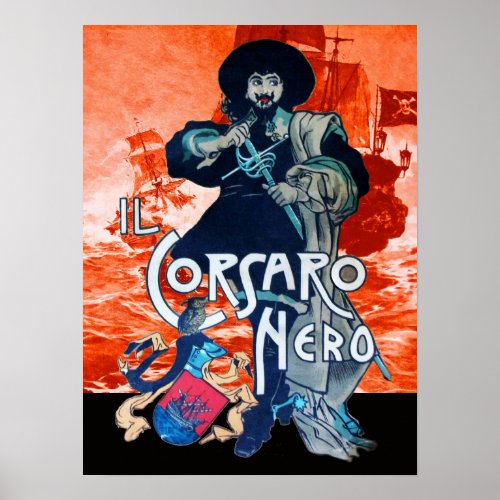 THE BLACK CORSAIR Pirate Ship Battle In Red Poster