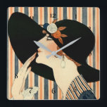 “The Black Hat” Art Deco by George Barbier Square Wall Clock<br><div class="desc">George Barbier was one of the preeminent fashion illustrators of the early twentieth century in the forefront of the alliance between art and fashion. He and and his fellow illustrators created bold,  stylized images that conveyed mood and atmosphere.  This illustration is “The Black Hat” for La Parisienne magazine.</div>