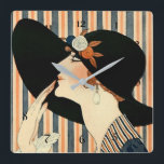 “The Black Hat” Art Deco by George Barbier Square Wall Clock<br><div class="desc">George Barbier was one of the preeminent fashion illustrators of the early twentieth century in the forefront of the alliance between art and fashion. He and and his fellow illustrators created bold,  stylized images that conveyed mood and atmosphere.  This illustration is “The Black Hat” for La Parisienne magazine.</div>