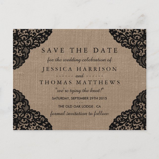 The Black Lace On Rustic Burlap Wedding Collection Announcement Postcard (Front)