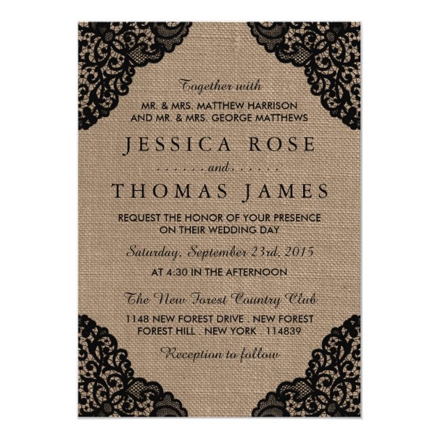 The Black Lace On Rustic Burlap Wedding Collection Invitation