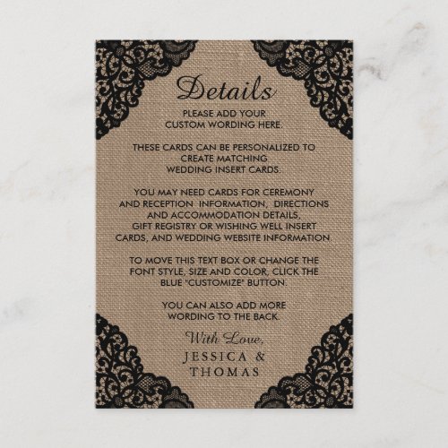 The Black Lace On Rustic Burlap Wedding Collection Enclosure Card