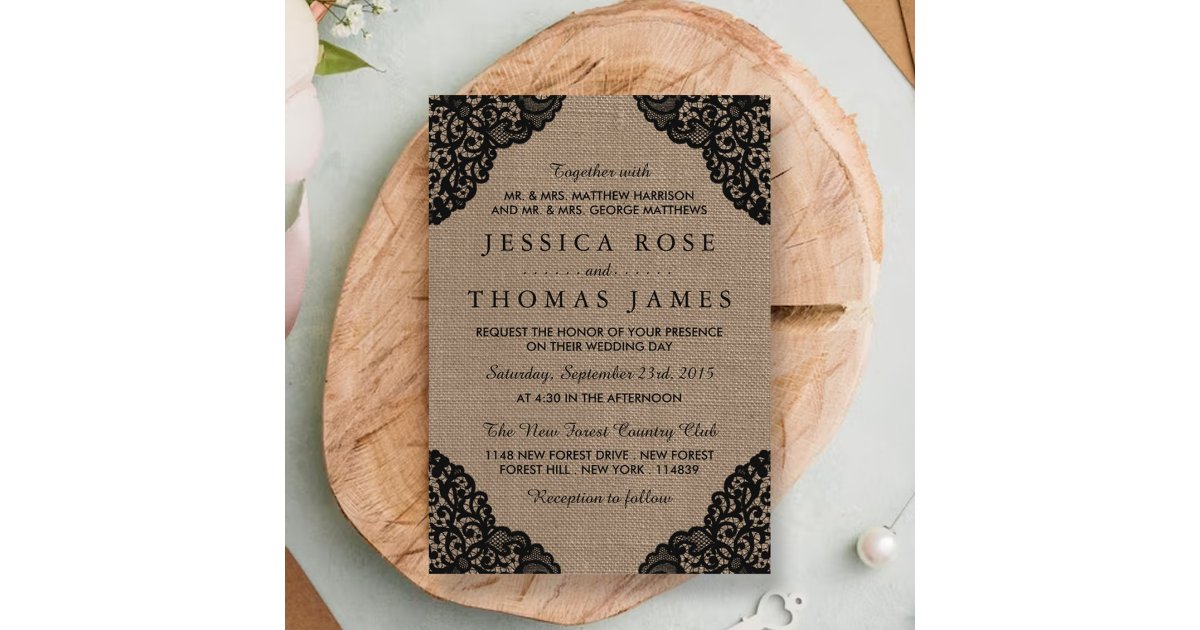 The Black Lace On Rustic Burlap Wedding Collection Invitation | Zazzle