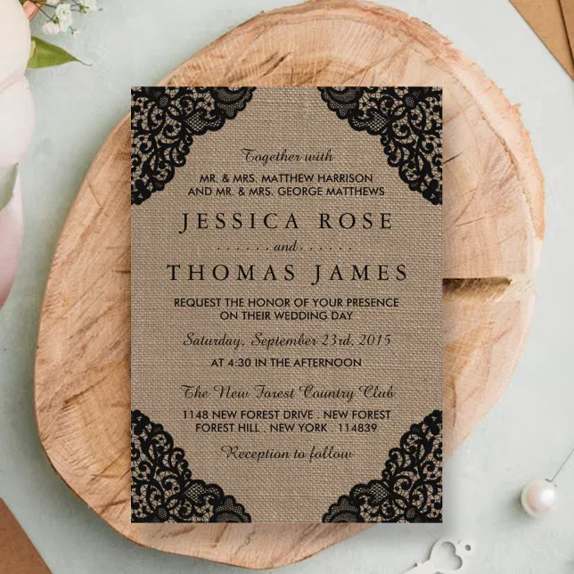The Black Lace On Rustic Burlap Wedding Collection Invitation | Zazzle