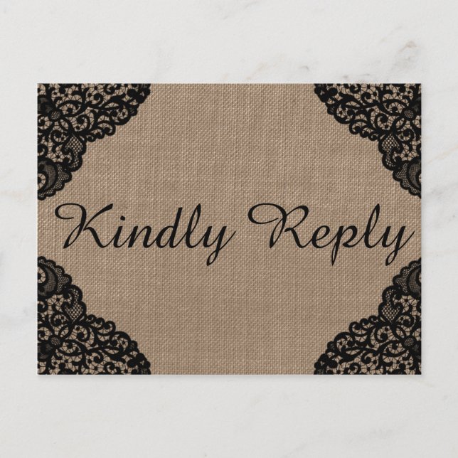 The Black Lace On Rustic Burlap Wedding Collection Invitation Postcard (Front)