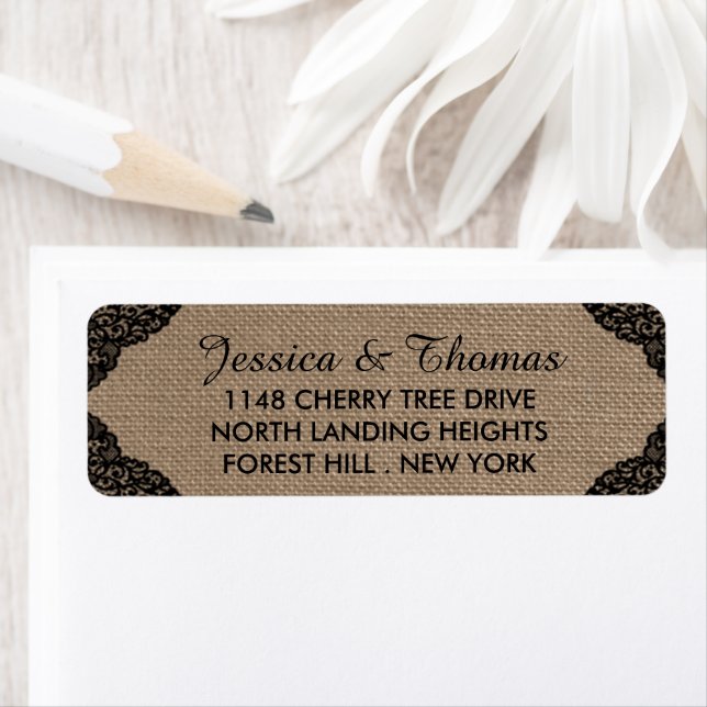The Black Lace On Rustic Burlap Wedding Collection Label (Insitu)