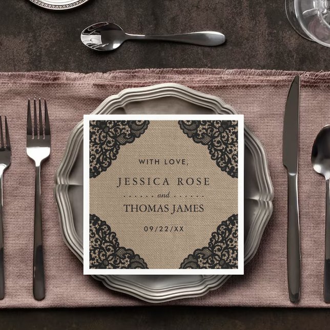 The Black Lace On Rustic Burlap Wedding Collection Paper Napkins (Creator Uploaded)
