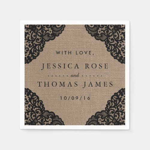 The Black Lace On Rustic Burlap Wedding Collection Paper Napkins