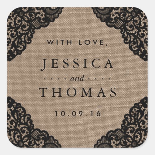 The Black Lace On Rustic Burlap Wedding Collection Square Sticker