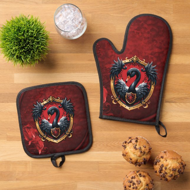 The Black Swan  a symbol of elegance and power.  Oven Mitt & Pot Holder Set (Top Down)