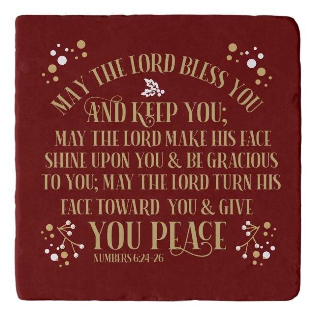 The Blessing Numbers 6:24-26 Gold Red Christmas Trivet (Front)
