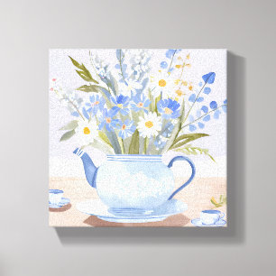 The Blooming Kettle   Blue Watercolor Tea Painting Canvas Print